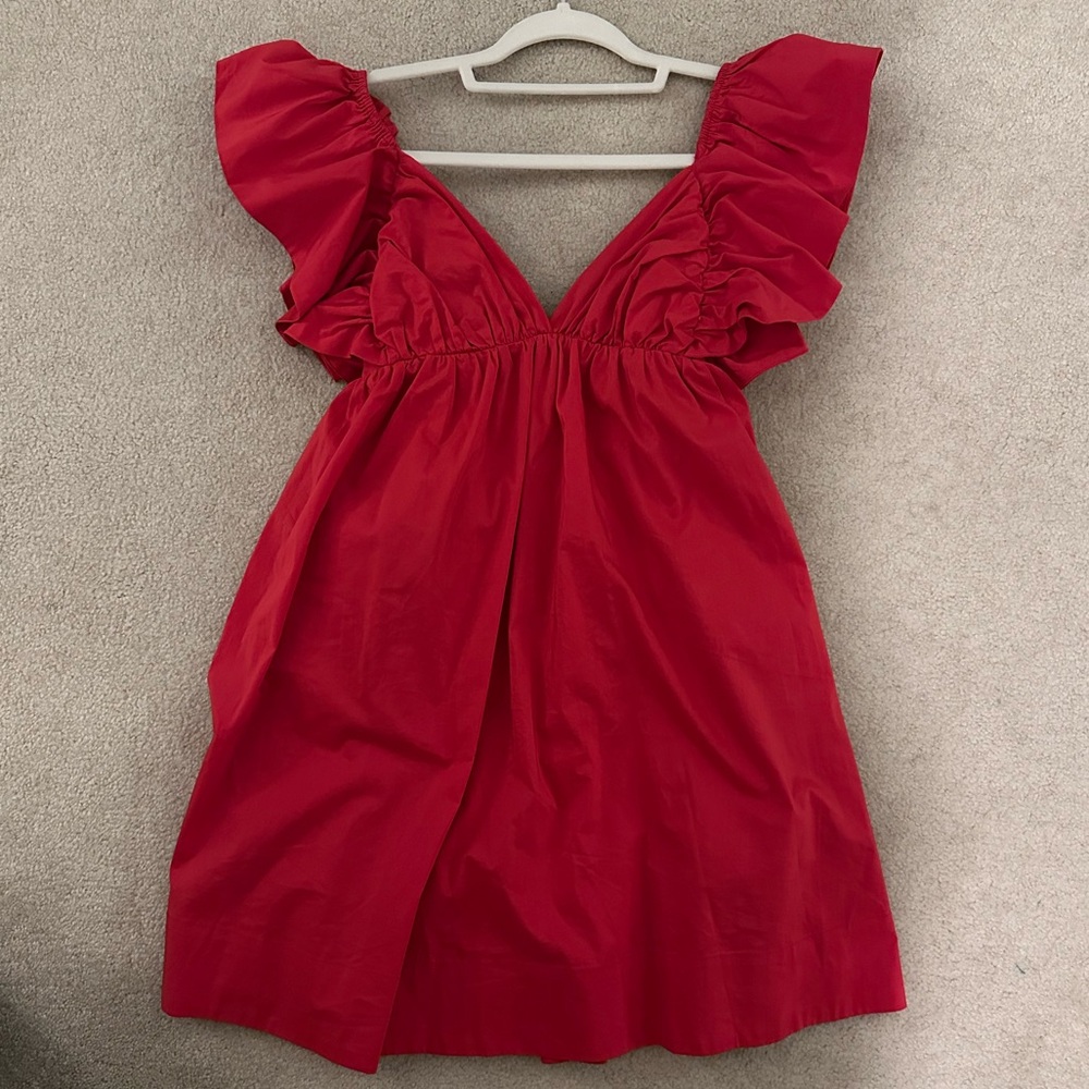 Red ruffle V neck mini dress